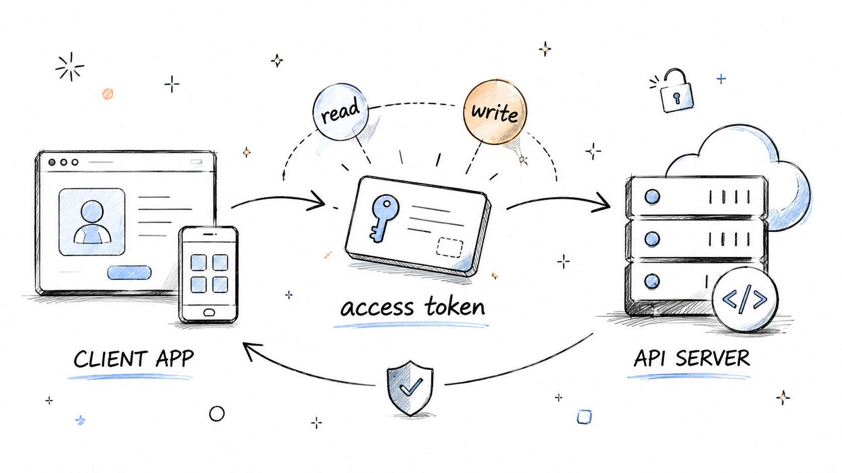A hand-drawn illustration showing a client app securely accessing an API server using an access token.