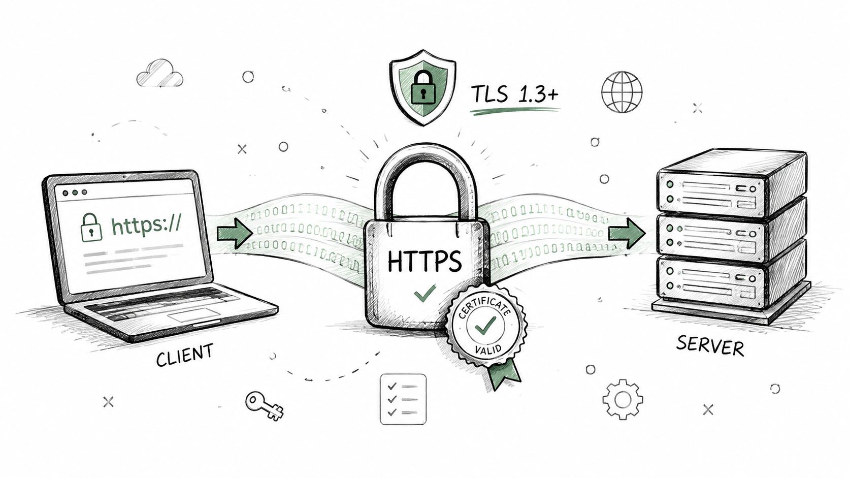 A hand-drawn illustration showing a secure HTTPS connection between a laptop client and a server via TLS.
