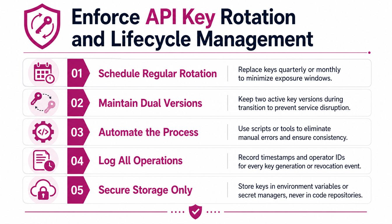 A diagram outlining five best practices for API key rotation and effective lifecycle management in security.